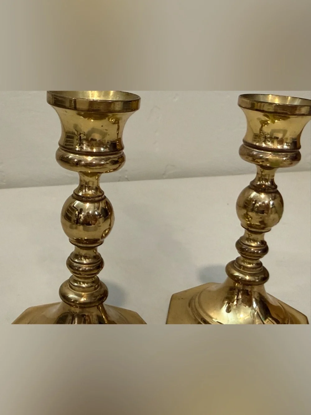 Vintage Octagon Base Pair Of Candlesticks  Polished Brass‎ 5” tall 3